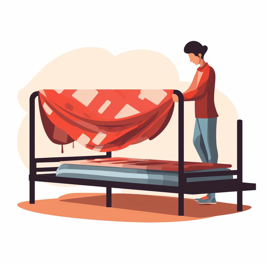 Person drying a bed frame with a cloth