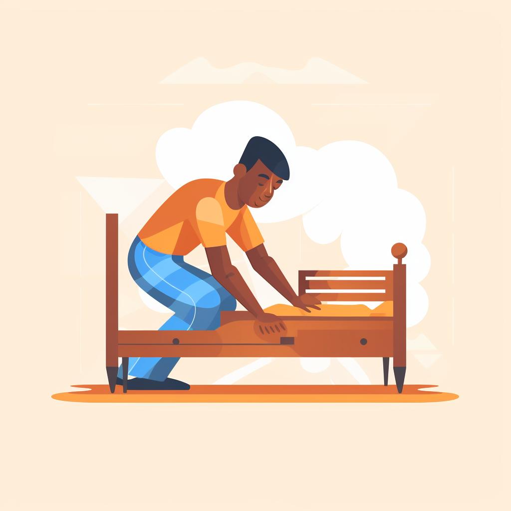 Person polishing a wooden bed frame