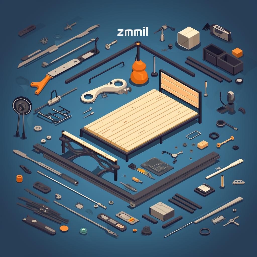 Assembly area with Zinus bed frame parts and tools spread out.