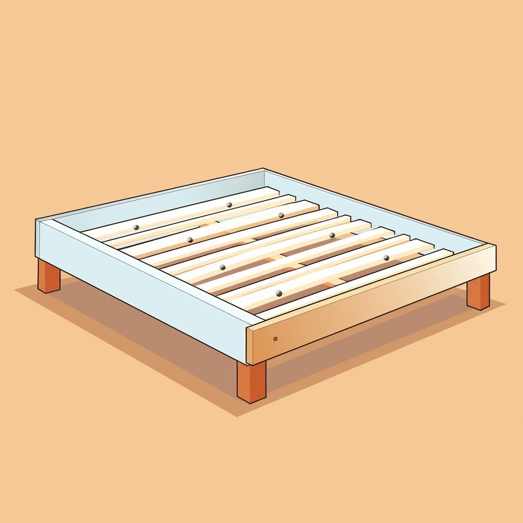 IKEA bed frame pieces organized on a flat surface