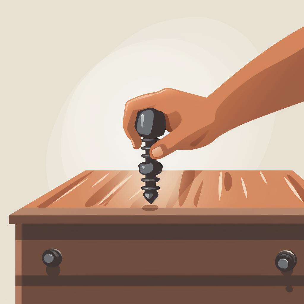 Hand tightening a screw on a wooden bed frame