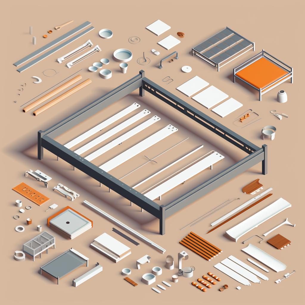 Unpacked metal bed frame parts organized on a flat surface