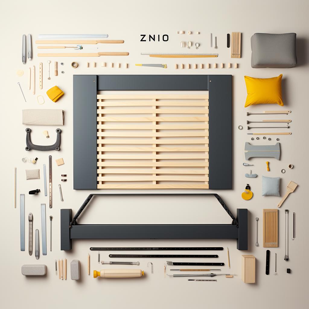 Unpacked Zinus bed frame with all parts and tools laid out.