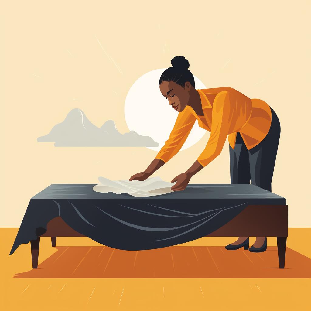 A person wiping down an Ikea bed frame with a damp cloth