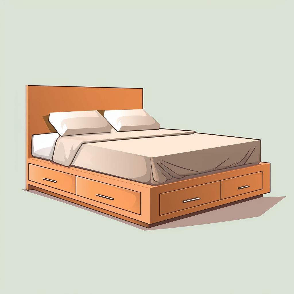 Platform bed frame with attached headboard and storage drawers.