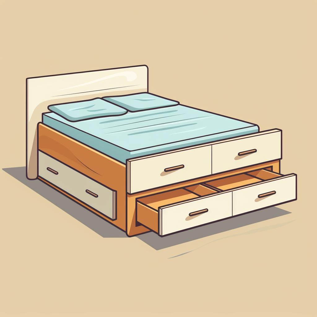 A bed frame with built-in storage drawers